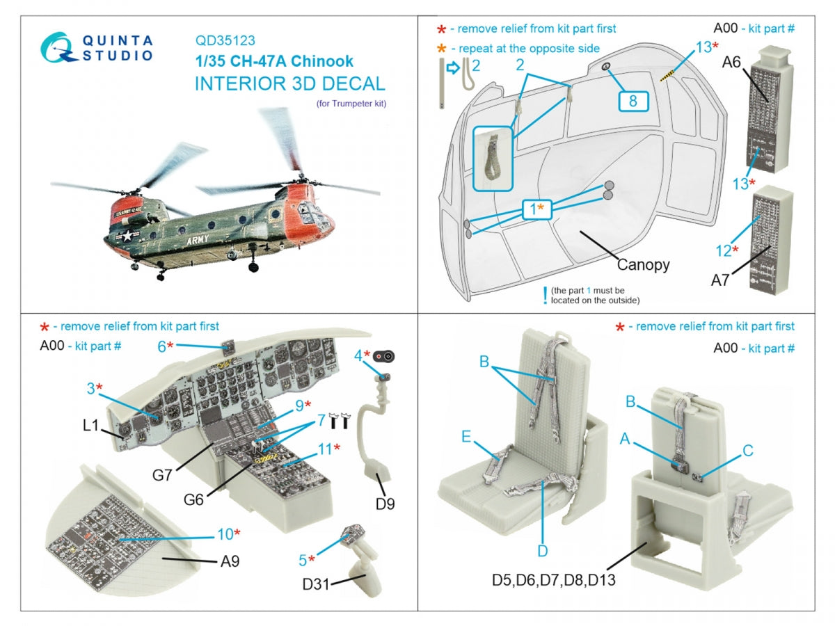 Quinta Studio QD35123 CH-47A 3D-Printed colored Interior on decal paper (Trumpeter) 1/35 – image 2