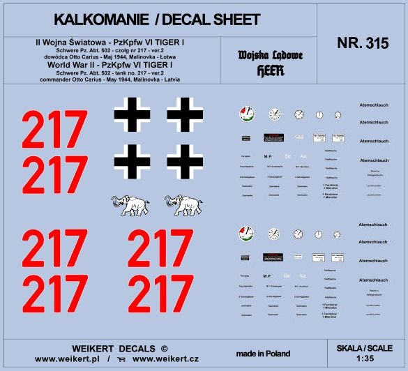 Weikert Decals DEC315 TIGER I - Otto Carius - tank 217 - Schwere Pz. Abt. 502, Malinovka - Latvia, May 1944 - ver.2 1/35