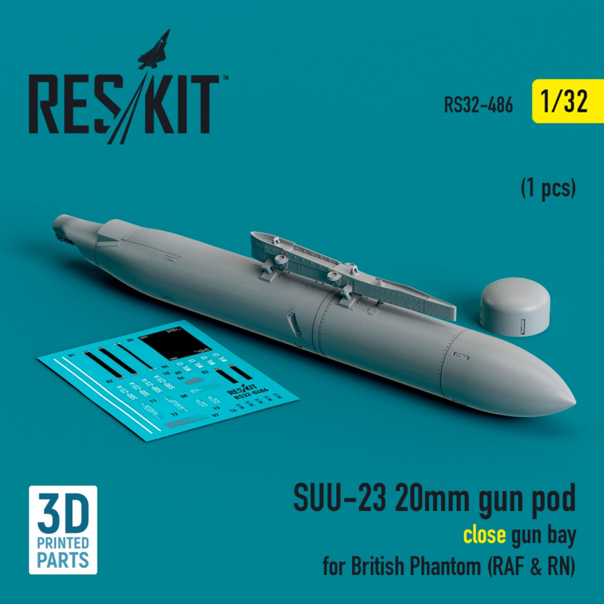 RESKIT RS32-0486 SUU-23 20mm gun pod (close gun bay) for British Phantom (RAF &amp;amp; RN) (1 pcs) (3D Printed) 1/32 – immagine 2
