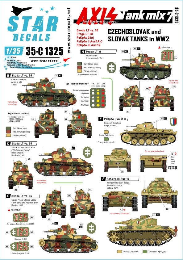 Star Decals 35-C1325 Axis Tank Mix # 7. Czechoslovak and Slovak tanks in WW2. Skoda LT vz. 35, Prague LT 38, PzKpfw 38(t), PzKpfw II Ausf AC, PzKpfw III Ausf N 1/35