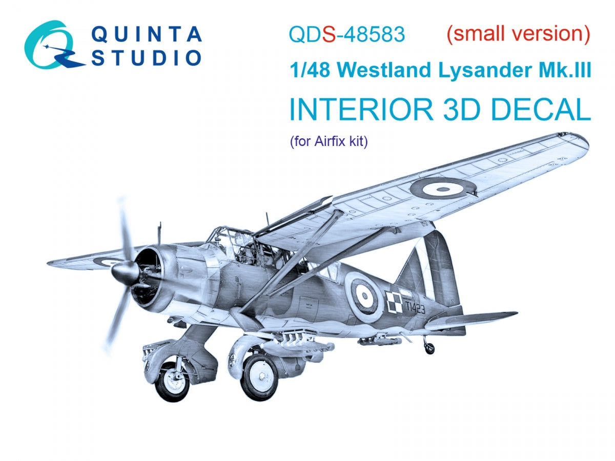 Quinta Studio QDS-48583 Westland Lysander Mk.III 3D-Printed &amp; colored Interior on decal paper (Airfix) (small version) 1/48