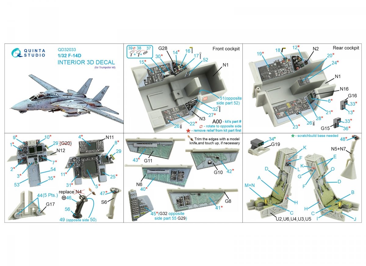 Quinta Studio QD32033 F-14D 3D-Printed &amp;amp; colored Interior on decal paper ( Trumpeter ) 1/32 – image 2