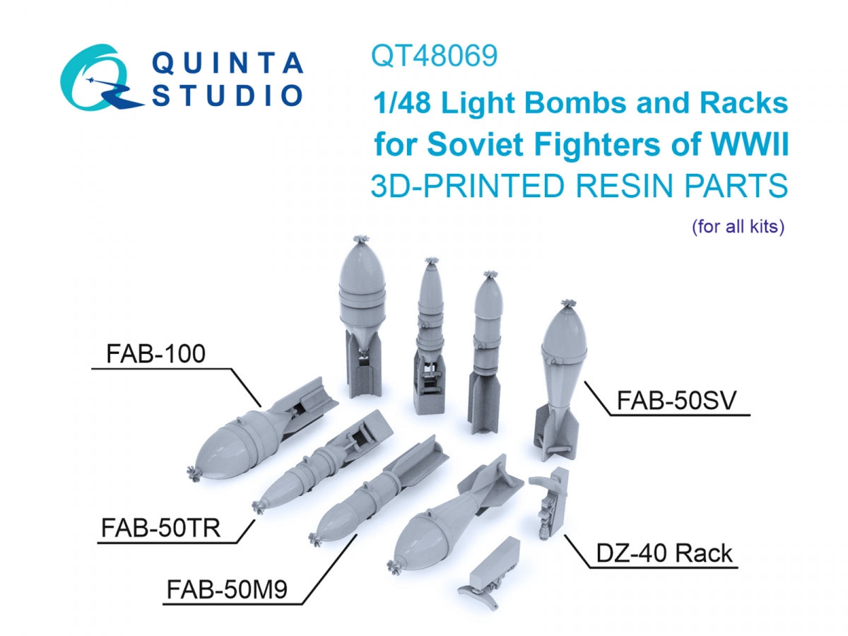 Quinta Studio QT48069 Bombes des familles FAB-100 et FAB-50, supports DZ-40 pour chasseurs de l'Armée rouge, Seconde Guerre mondiale (tous les kits) 1/48