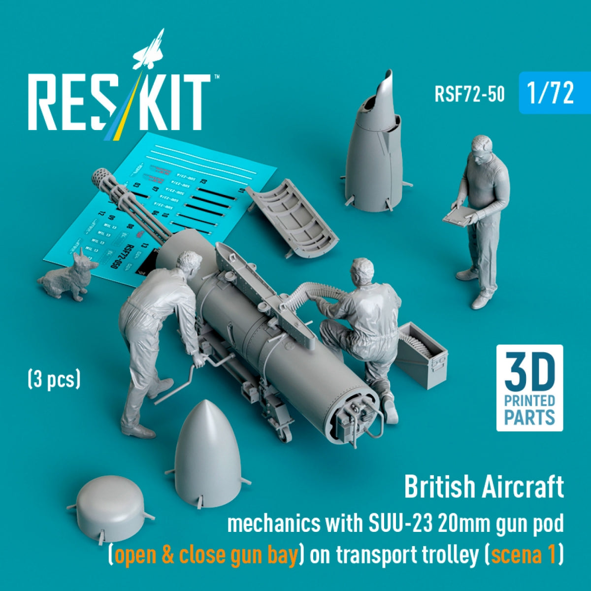 RESKIT RSF72-0050 British Aircraft mechanics with SUU-23 20mm gun pod (open &amp; close gun bay) on transport trolley (scene 1) (3 pcs) (3D Printed) 1/72