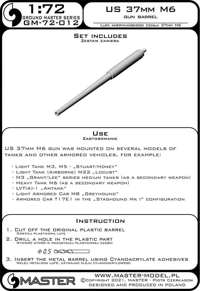 Master GM-72-012 Master GM-72-012 US 37mm M6 Gun Barrel - Used in Many Tanks and Armored Cars 1/72 – image 3
