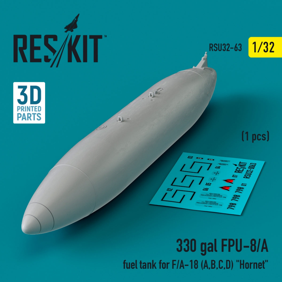 RESKIT RSU32-0063 330 gallon FPU-8/A fuel tank for F/A-18 (A,B,C,D) "Hornet" (1 pcs) (3D Printed) 1/32