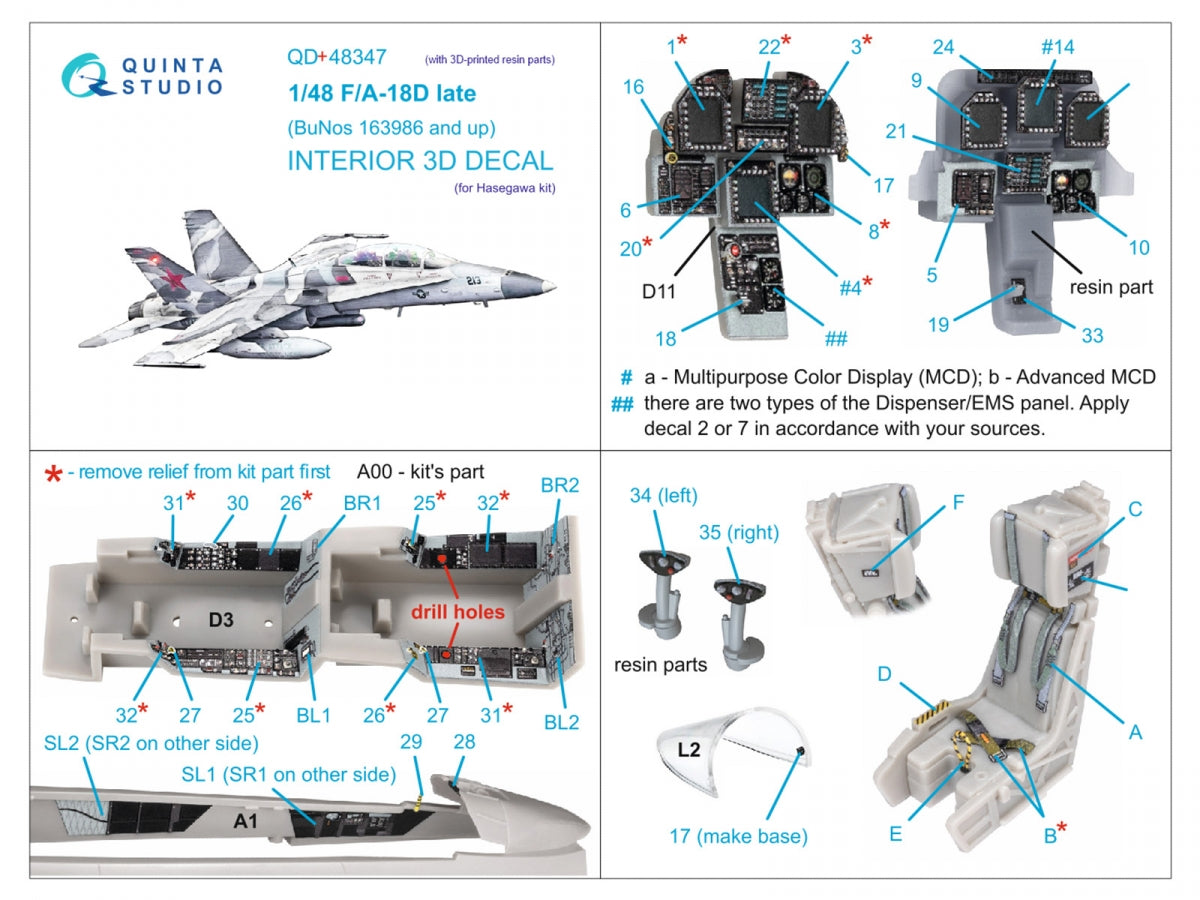 Quinta Studio QD+48347 FA-18D late 3D-Printed colored Interior on decal paper (Hasegawa) (with 3D-printed resin parts) 1/48 – image 2