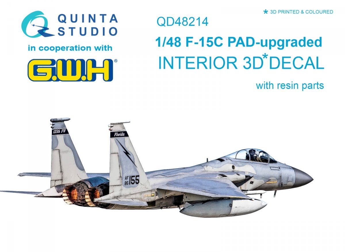 Quinta Studio QD48214 F-15C PAD-upgraded 3D-Printed &amp; colored Interior on decal paper with resin parts (GWH) 1/48