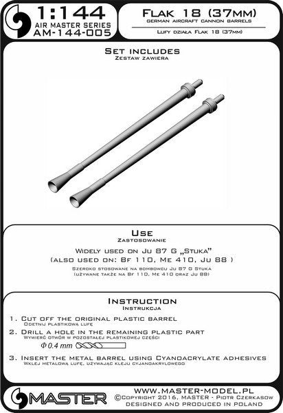 Master AM-144-005 Canons d&amp;#39;avion allemands Flak 18 de 3,7 cm (utilisés sur les Junkers Ju 87G et autres) (2 pièces) 1/144 – image 3