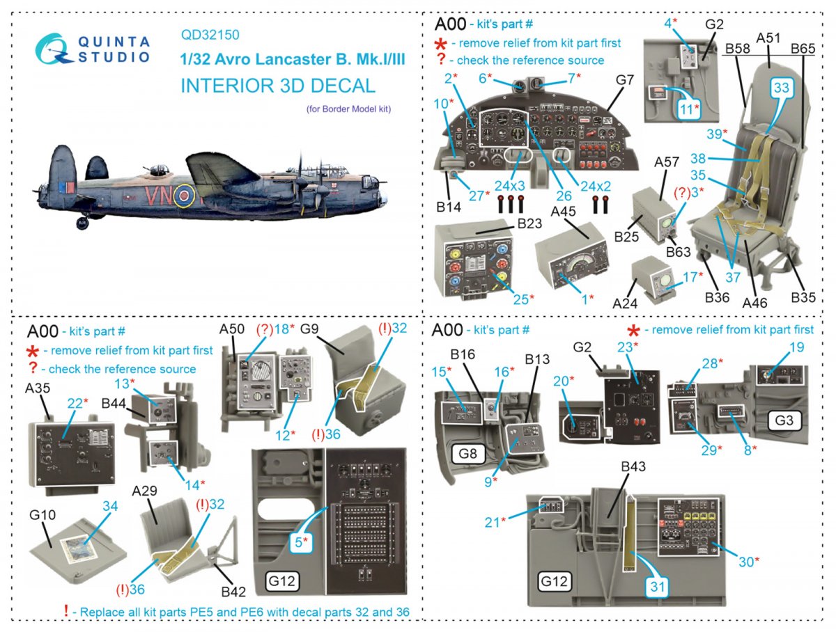 Quinta Studio QD32150 Avro Lancaster B. Mk.I/III 3D-Printed &amp;amp; colored Interior on decal paper (Border Model) 1/32 – immagine 7