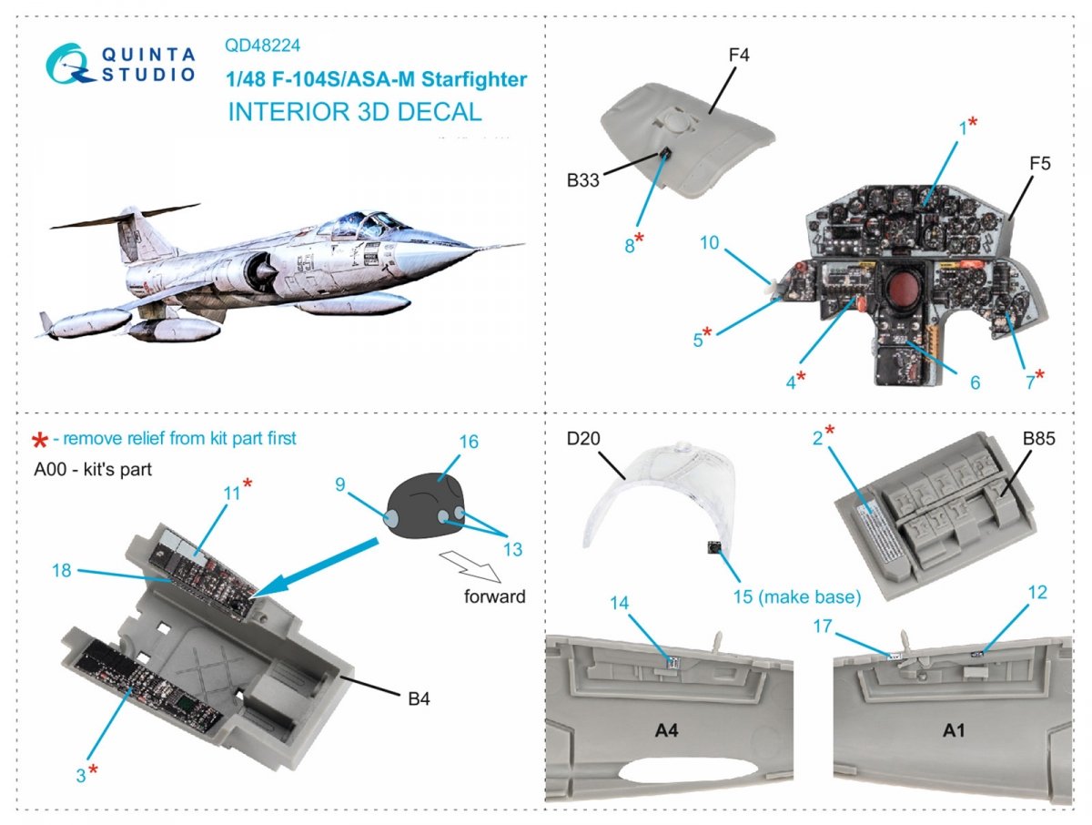 Quinta Studio QD48224 F-104S/ASA-M 3D-Printed &amp;amp; colored Interior on decal paper (Kinetic) 1/48 – imagen 2
