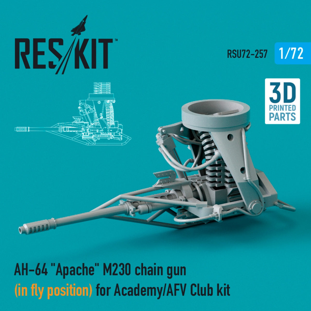 RESKIT RSU72-0257 AH-64 &amp;quot;APACHE&amp;quot; M230 CHAIN ​​GUN (IN FLY POSITION) FOR ACADEMY / AFV CLUB KIT (3D PRINTED) 1/72