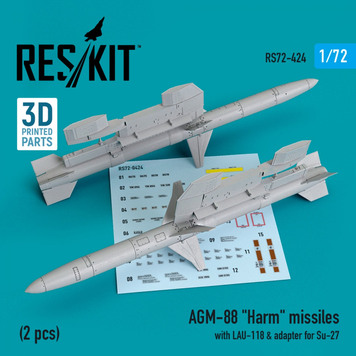 RESKIT RS72-0424 AGM-88 &amp;quot;HARM&amp;quot; MISSILES WITH LAU-118 &amp;amp; ADAPTER FOR SU-27 (2 PCS) 1/72