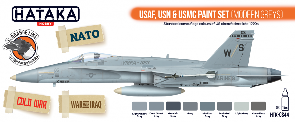Hataka HTK-CS44 USAF, USN &amp;amp; USMC paint set (modern grays) 8x17ml – immagine 2