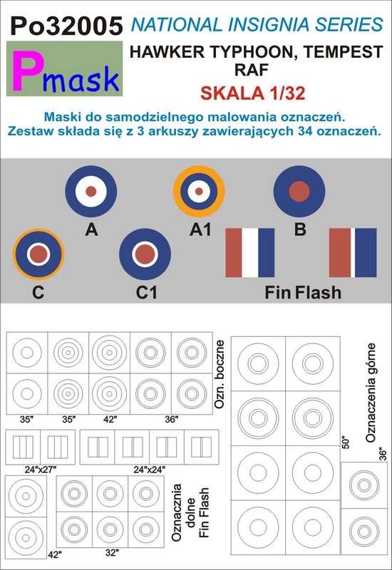 P-Mask PO32005 MASKS FOR PAINTING HAWKER TYPHOON, TEMPEST RAF MARKINGS (1/32)