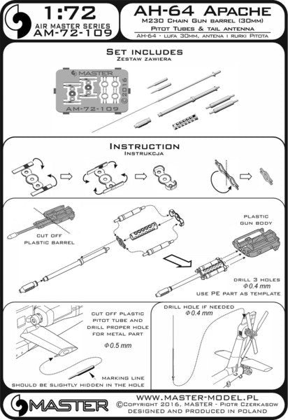 Master AM-72-109 AH-64 Apache - M230 Chain Gun barrel (30mm), Pitot tubes and tail antenna (resin, PE and turned parts) 1/72 – image 6