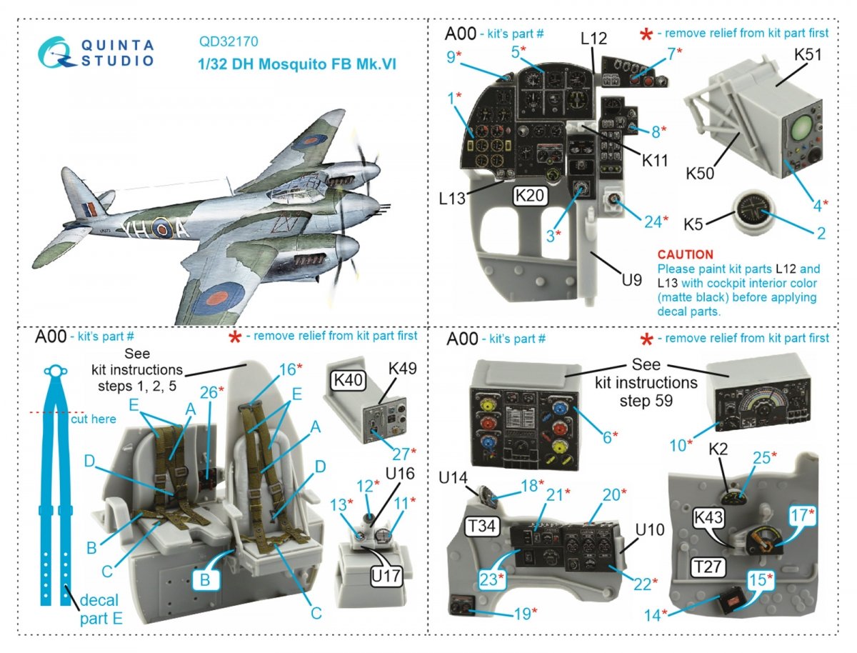 Quinta Studio QD32170 DH Mosquito FB Mk.VI 3D-Printed &amp;amp; colored Interior on decal paper (Tamiya) 1/32 – Bild 7