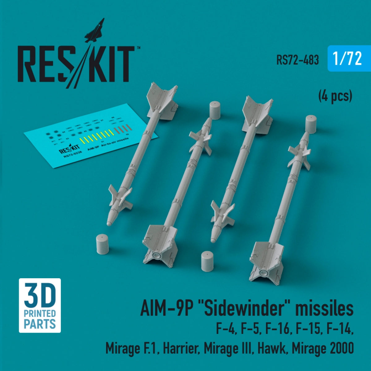 RESKIT RS72-0483 AIM-9P "Sidewinder" missiles (4 pcs) (3D Printed) 1/72