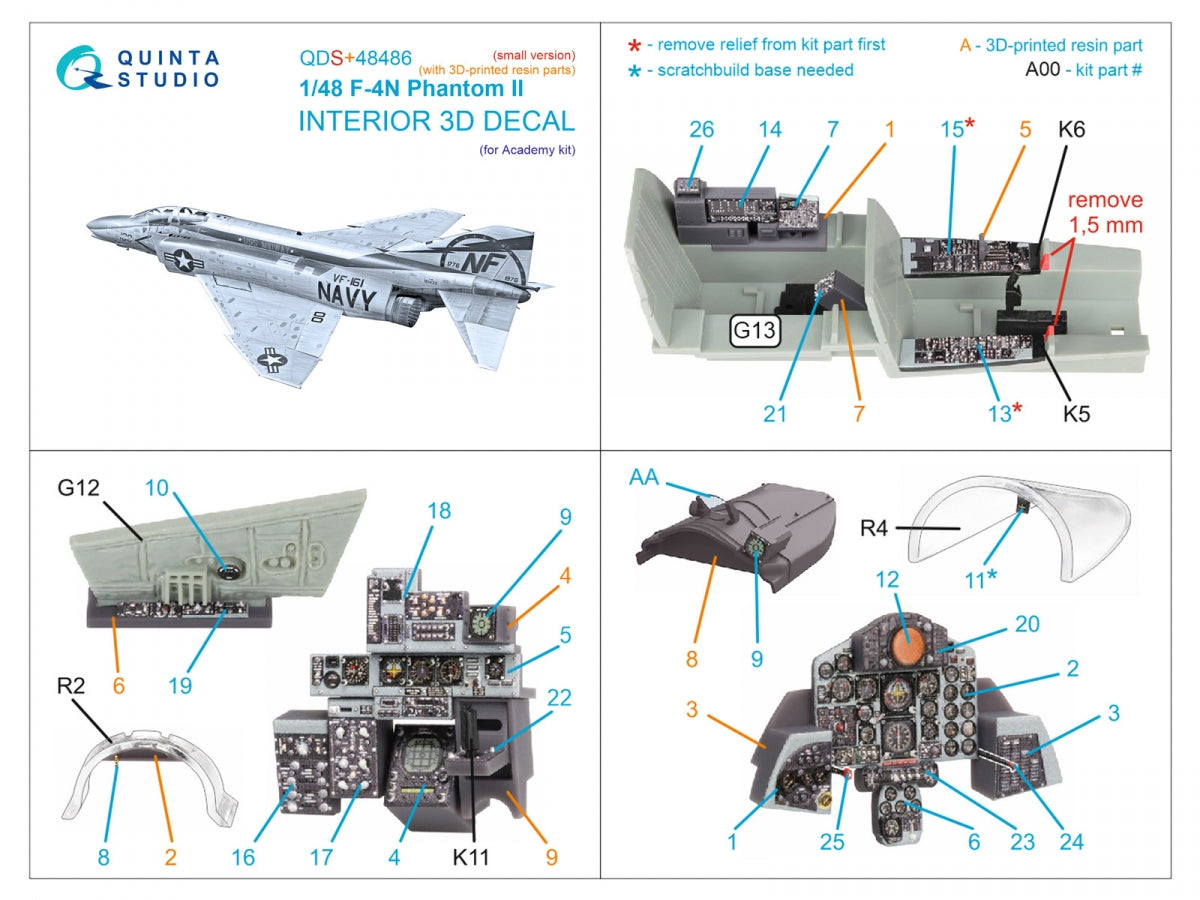 Quinta Studio QDS+48486 F-4N Phantom II 3D-Printed &amp;amp; colored Interior on decal paper (Academy) (Small version) (with 3D-printed resin parts) 1/48 – Bild 3