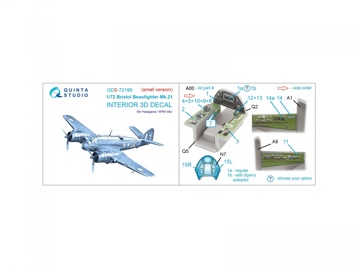 Quinta Studio QDS-72199 Bristol Beaufighter Mk.21 3D-Printed &amp;amp; colored Interior on decal paper (Hasegawa/MPM) (small version) 1/72 – image 2
