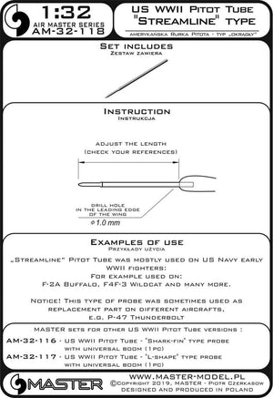 Master AM-32-118 American WWII Pitot Tube - &amp;quot;Streamline&amp;quot; Type (1 pc.) - Used mainly on early US Navy aircraft - F-2A Buffalo, F4F-3 Wildcat and others 1/32 – image 3