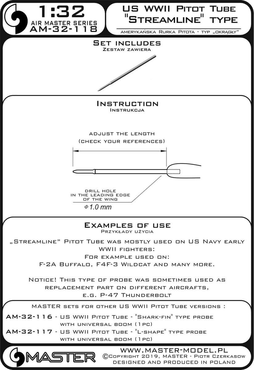 Master AM-32-118 American WWII Pitot Tube - &amp;quot;Streamline&amp;quot; Type (1 pc.) - Used mainly on early US Navy aircraft - F-2A Buffalo, F4F-3 Wildcat and others 1/32 – image 3