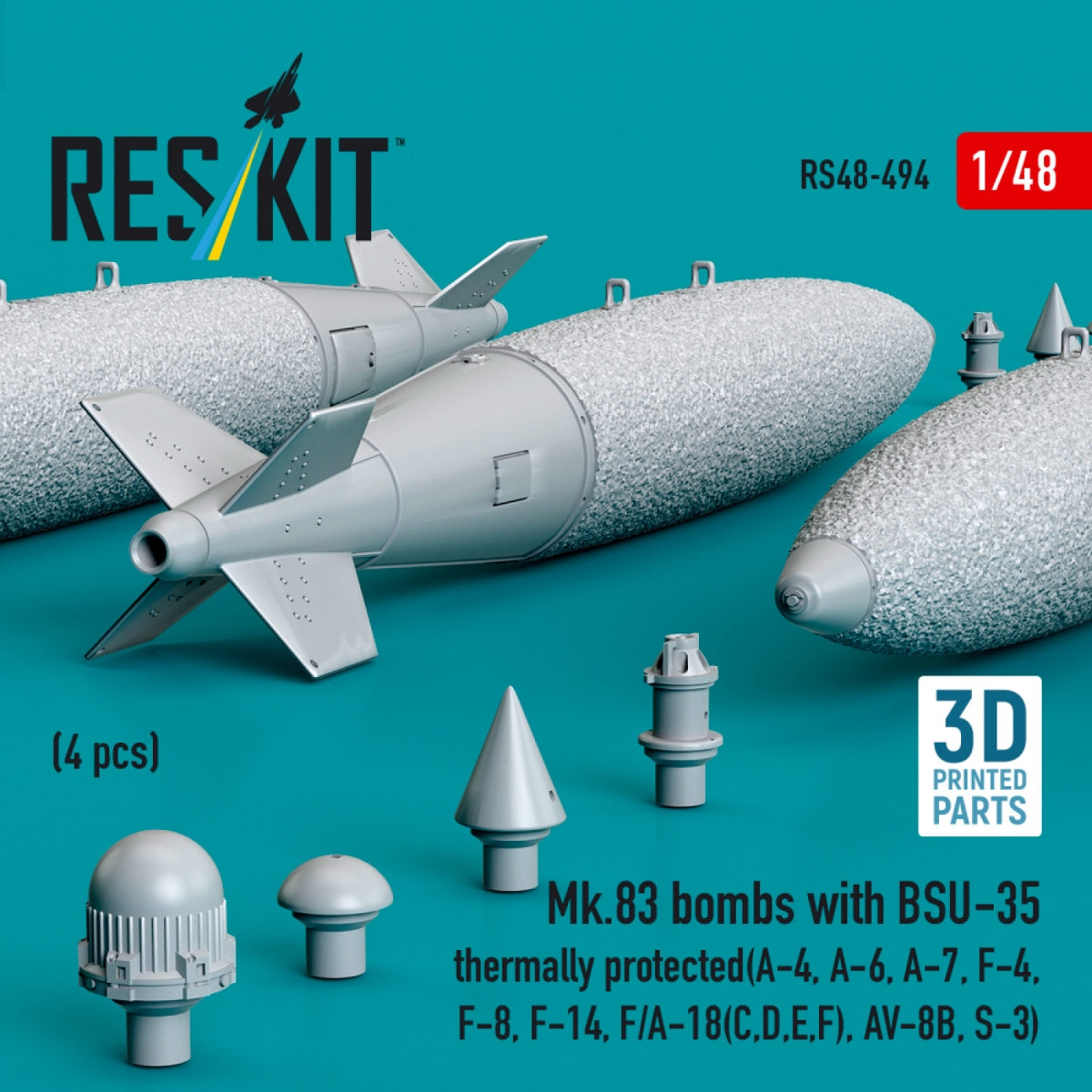 RESKIT RS48-0494 Mk.83 bombs with BSU-35 thermally protected (4 pcs) (3D printed) 1/48 – immagine 2