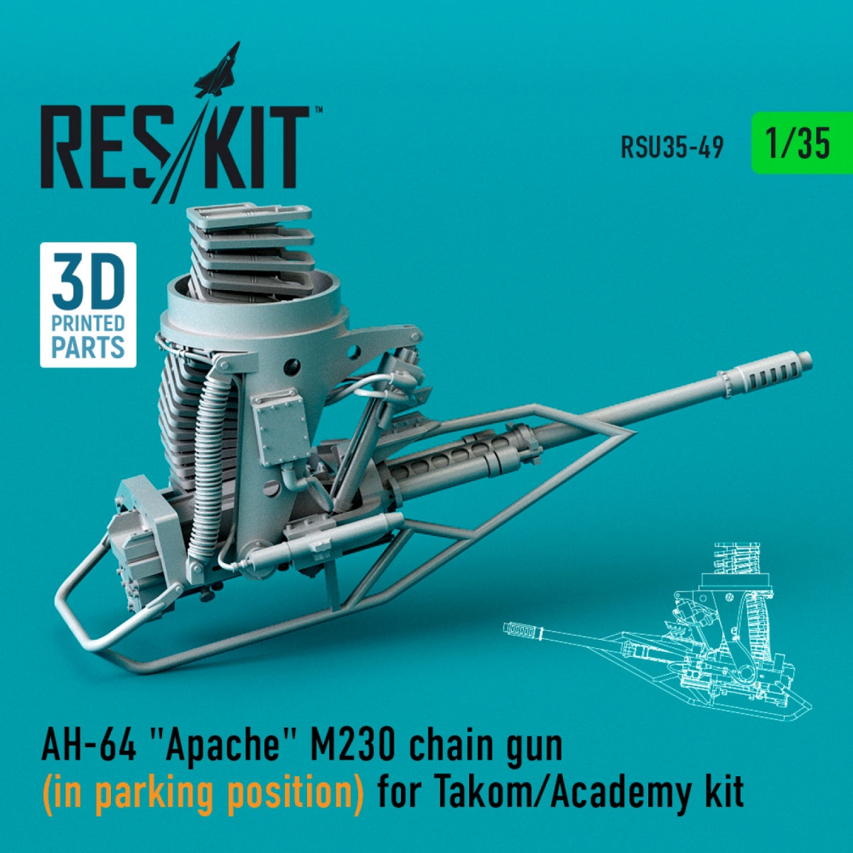RESKIT RSU35-0049 AH-64 &amp;quot;APACHE&amp;quot; M230 CHAIN ​​GUN (IN PARKING POSITION) FOR TAKOM/ACADEMY KIT (3D PRINTED) 1/35