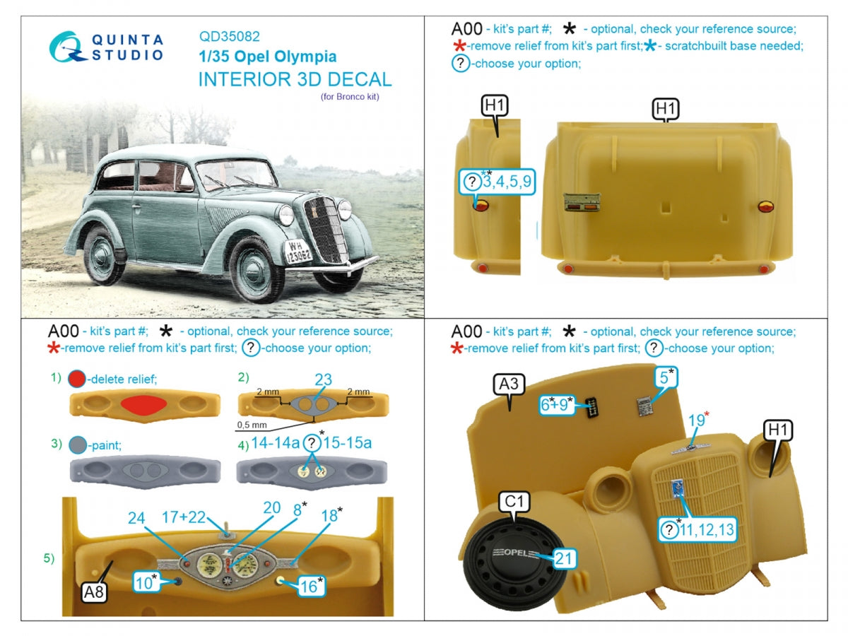 Quinta Studio QD35082 1937 Opel Olympia 3D-Printed &amp;amp; colored Interior on decal paper (Bronco) 1/35 – Bild 2