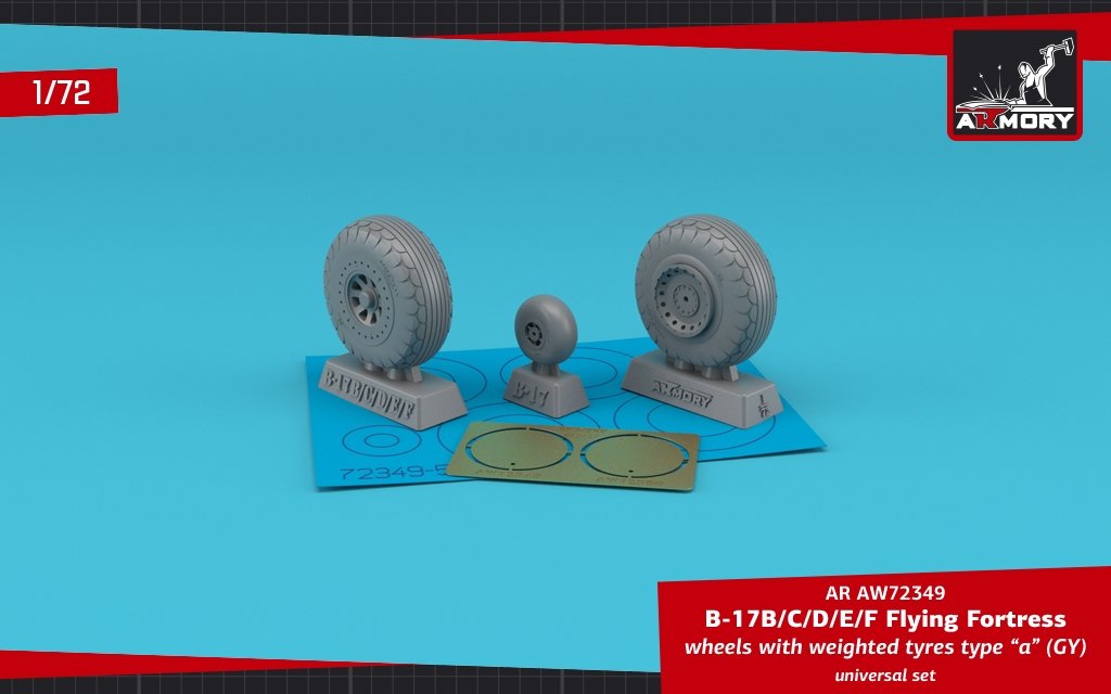 Armory Models AW72349 B-17B/C/D/E/F Flying Fortress wheels w/ weighted tires type “a” (GY) &amp;amp; PE hubcaps 1/72
