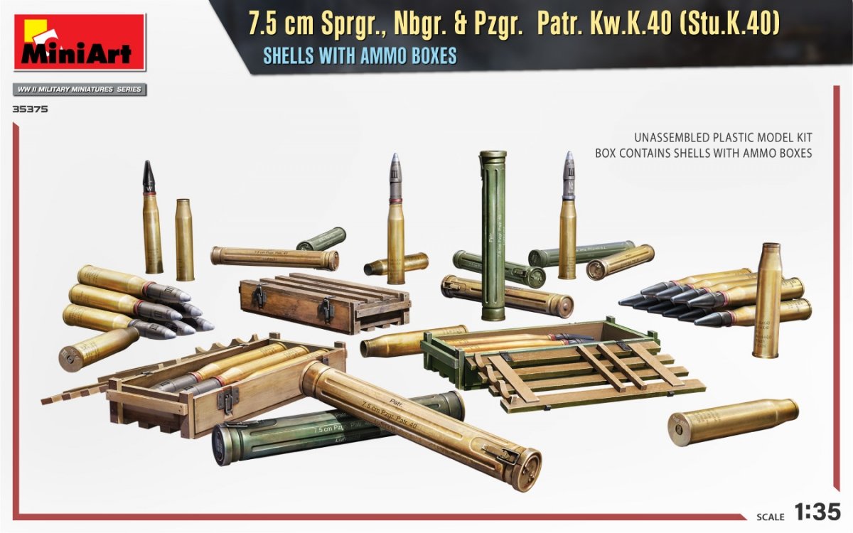 MiniArt 35375 7.5 cm Sprgr., Nbgr. &amp;amp; Pzgr. See Kw.K.40 (Stu.K.40) SHELLS WITH AMMO BOXES 1/35 – image 2