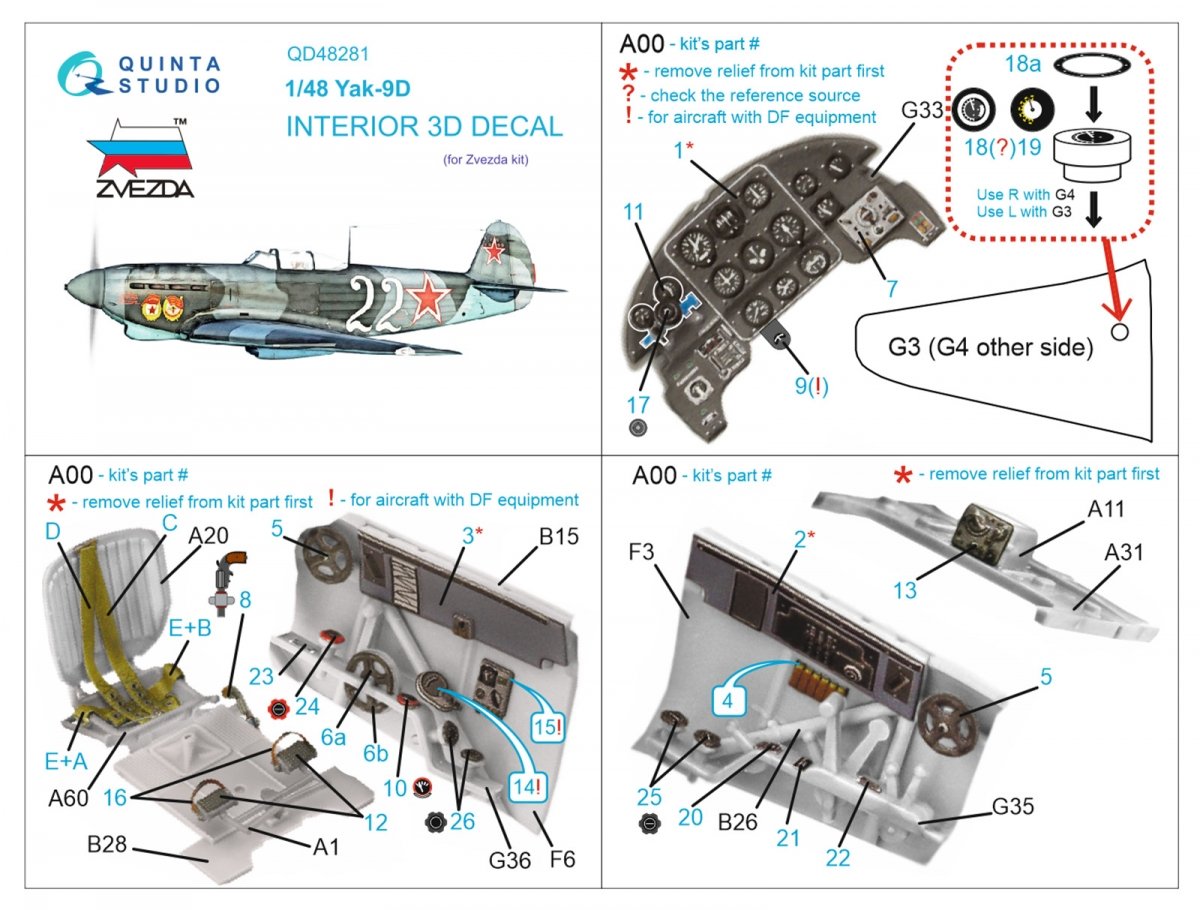 Quinta Studio QD48281 Yak-9D 3D-Printed &amp;amp; colored Interior on decal paper (Zvezda) 1/48 – Bild 2
