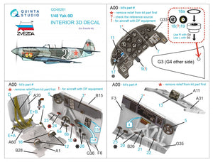 Quinta Studio QD48281 Yak-9D 3D-Printed &amp;amp; colored Interior on decal paper (Zvezda) 1/48 – Bild 2