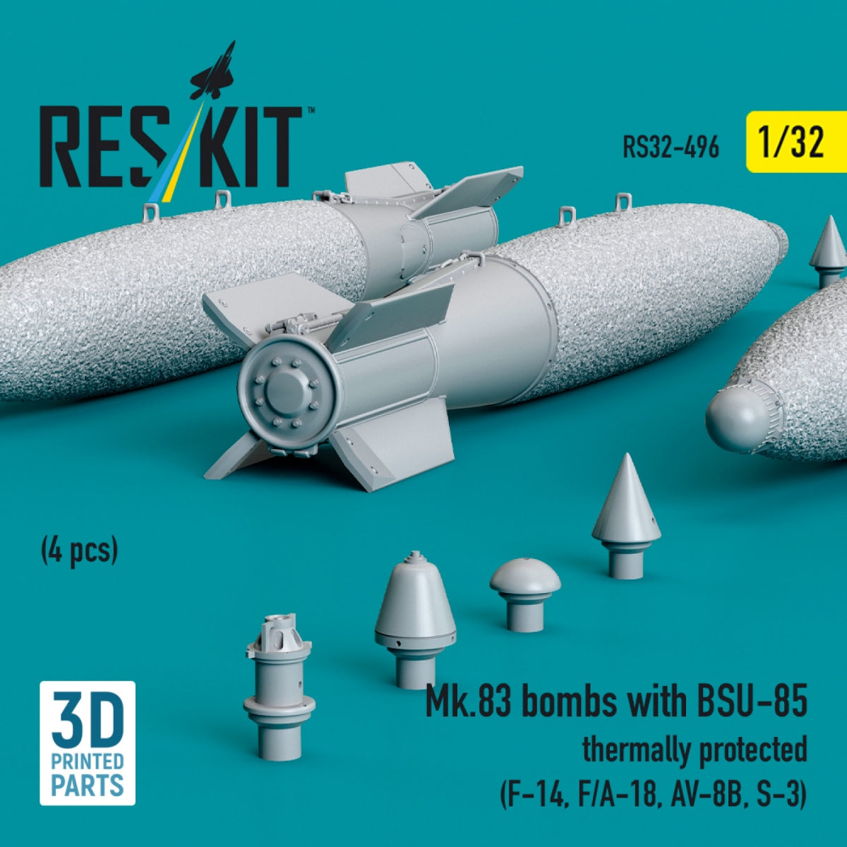 RESKIT RS32-0496 Mk.83 bombs with BSU-85 thermally protected (4 pcs) (3D printed) 1/32 – immagine 2