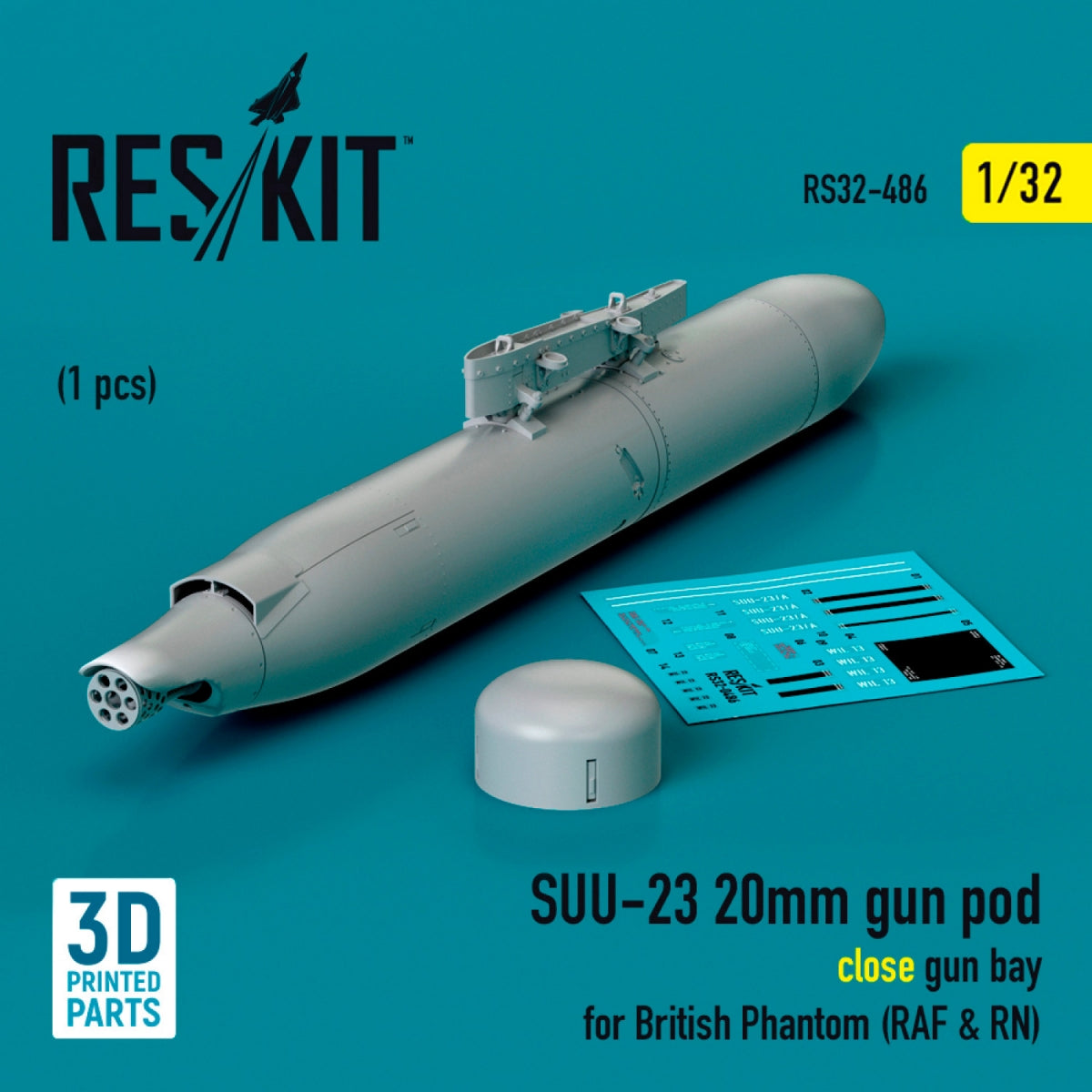 RESKIT RS32-0486 SUU-23 20mm gun pod (close gun bay) for British Phantom (RAF &amp;amp; RN) (1 pcs) (3D Printed) 1/32