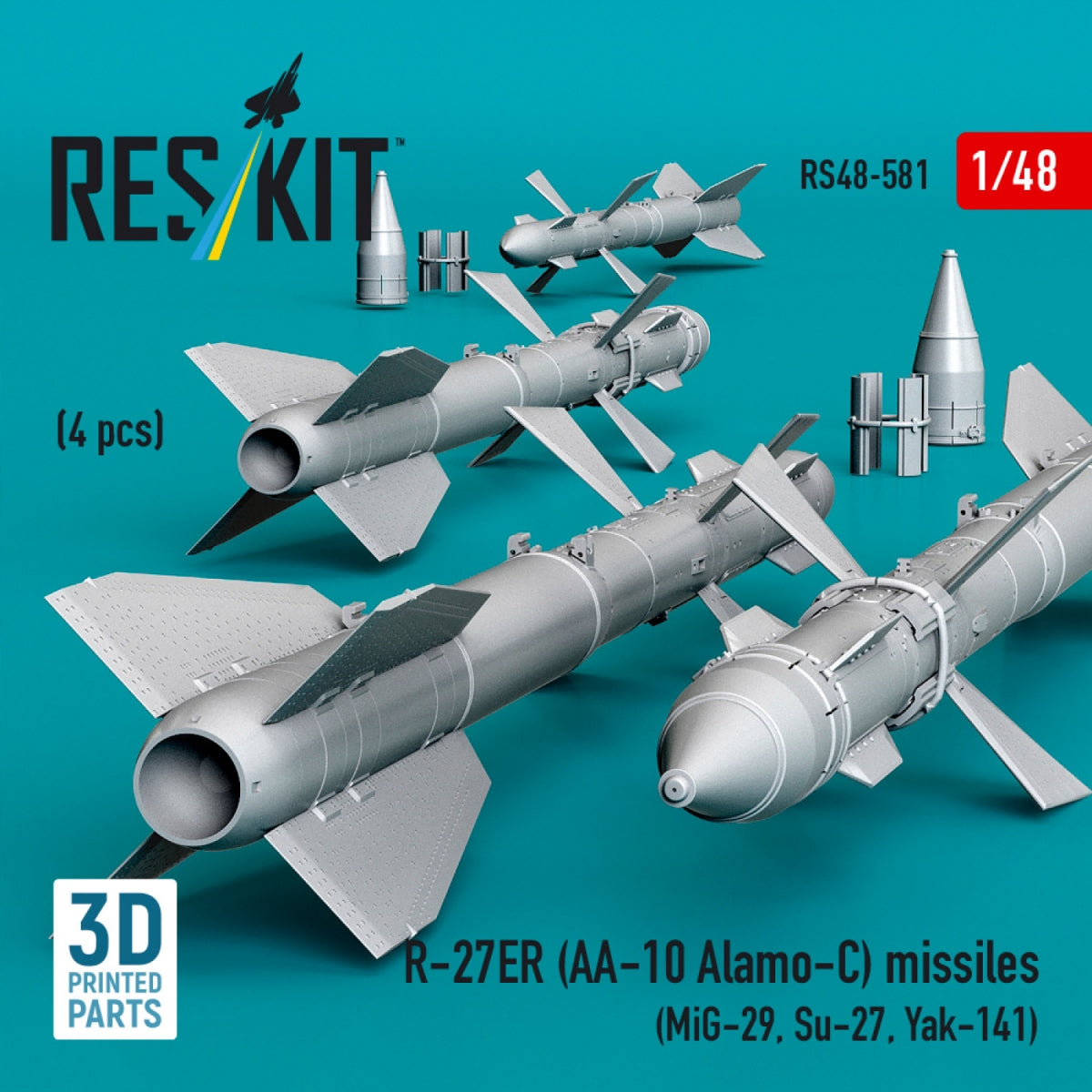 RESKIT RS48-0581 R-27ER (AA-10 Alamo-C) missiles (4 pcs) (MiG-29, Su-27, Yak-141) (3D Printed) 1/48