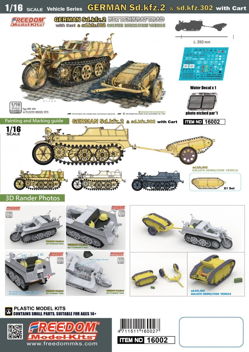 Freedom 16002 GERMAN SD.KFZ.2 KETTENKRAFTRAD &amp;amp; SD.KFZ.302 GOLIATH DEMOLITION VEHICLE 1/16 – zdjęcie 2