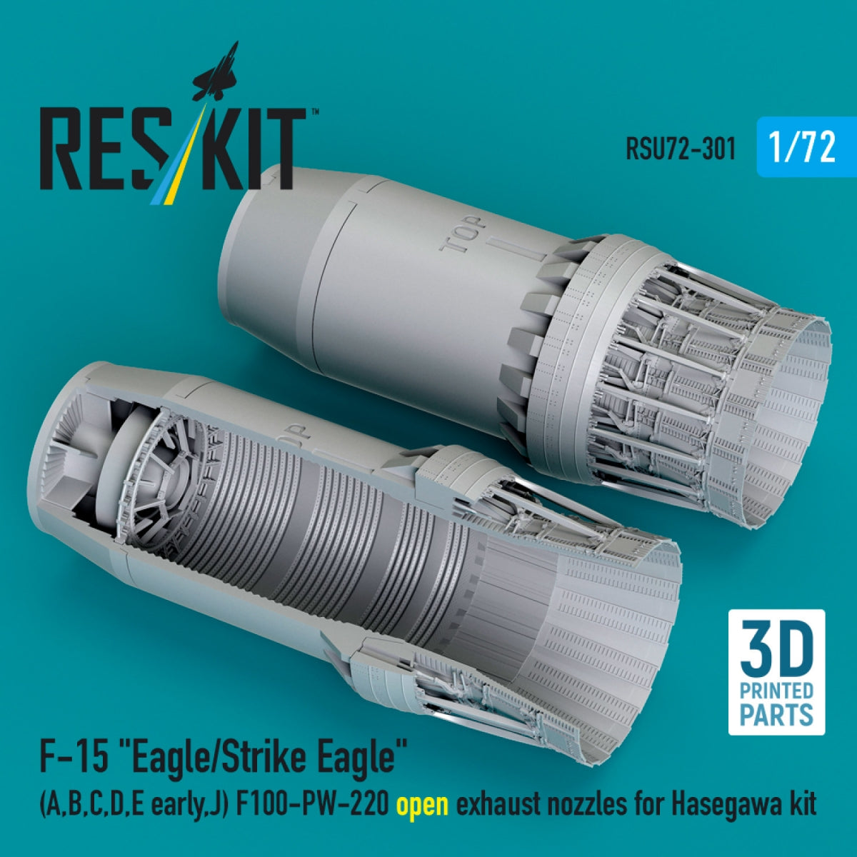 RESKIT RSU72-0301 F‑15 "Eagle/Strike Eagle" (A, B, C, D, E early, J) F100-PW-220 open exhaust nozzles for Hasegawa kit (3D Printed) 1/72