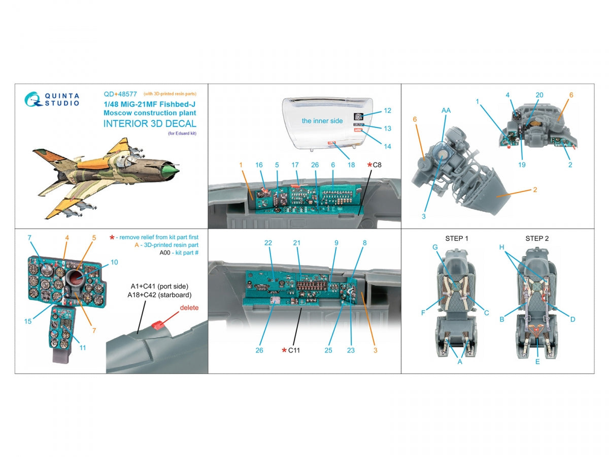 Quinta Studio QD+48577 MiG-21MF Fishbed-J (Moscow plant) 3D-Printed &amp;amp; colored Interior on decal paper (Eduard) (with 3D-printed resin parts) 1/48 – image 2