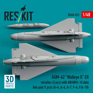 RESKIT RS48-0533 AGM-62 "Walleye II" ER missiles (2 pcs) with AN/AWG-16 data link pod (1 pcs) (A-4, A-6, A-7, F-4, F/A-18) (3D Printed) 1/48