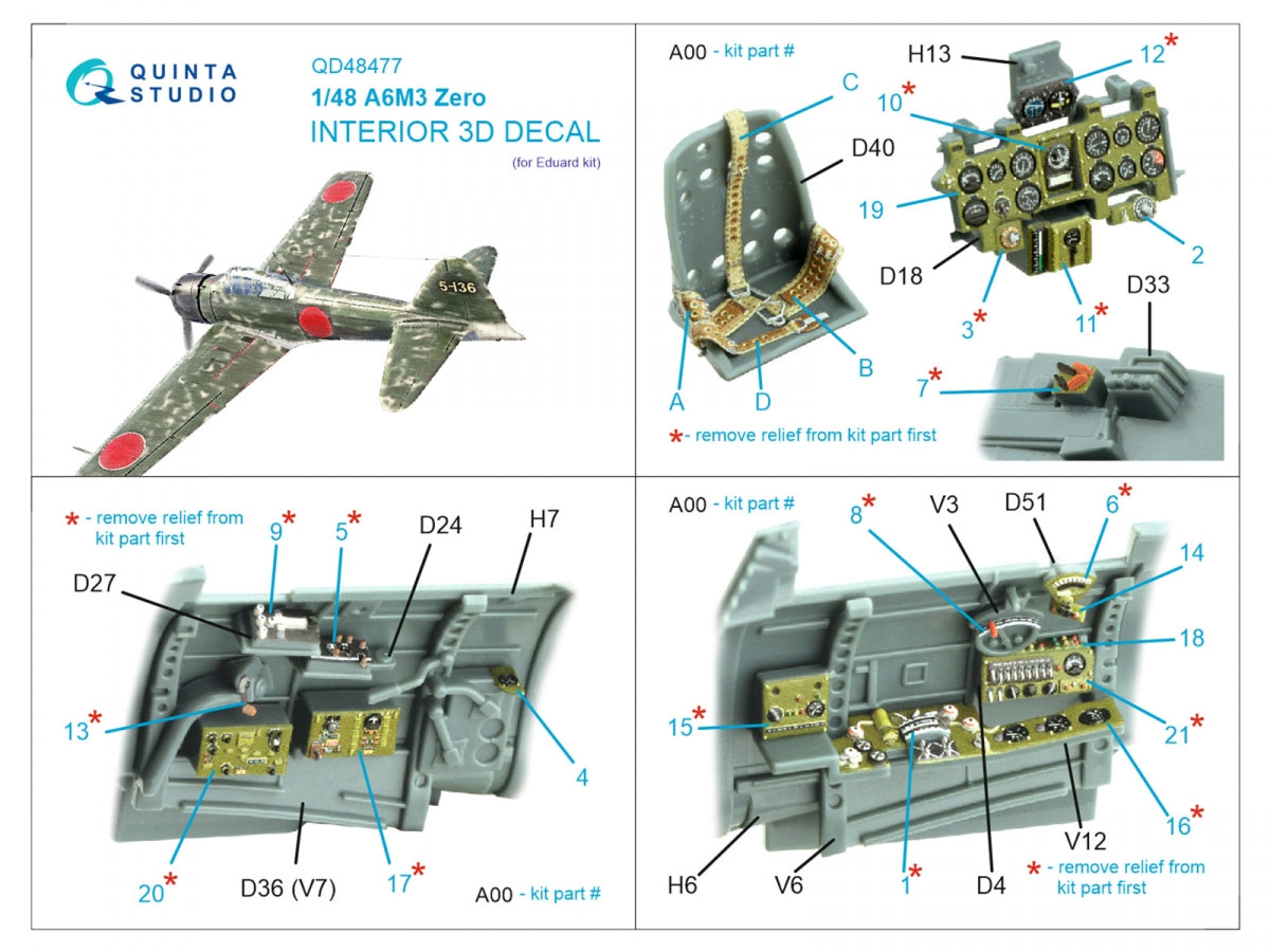 Quinta Studio QD48477 A6M3 Zero 3D-Printed colored Interior on decal paper (Eduard) 1/48 – obrázek 2