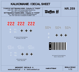 Weikert Decals DEC259 WITTMANN&amp;#39;S TIGERS - Pzkpfw VI TIGER tank - 101 schwere SS-Panzerabteilung - vol.2 1/72