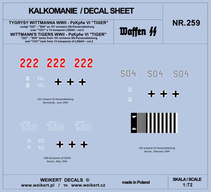 Weikert Decals DEC259 WITTMANN&amp;#39;S TIGERS - Pzkpfw VI TIGER tank - 101 schwere SS-Panzerabteilung - vol.2 1/72