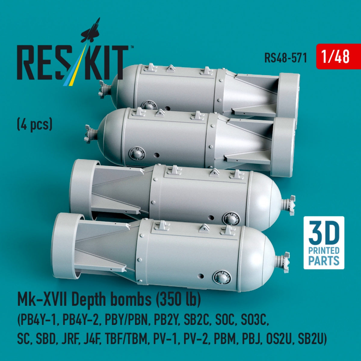 RESKIT RS48-0571 Mk-XVII Depth bombs (350 lb) (4 pcs) (PB4Y-1, PB4Y-2, PBY/PBN, PB2Y, SB2C, SOC, SO3C, SC, SBD, JRF, J4F, TBF/TBM, PV-1, PV-2, PBM, PBJ, OS2U, SB2U ) (3D Printed) 1/48
