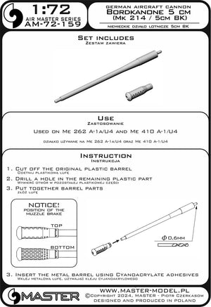 Master AM-72-159 German Bordkanone 5cm aircraft cannon (Mk 214 / 5cm BK) - used on Me 262 A-1a/U4, Me 410 A-1/U4 1/72 – imagen 7