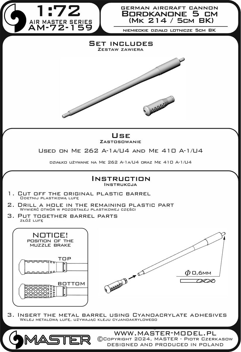 Master AM-72-159 German Bordkanone 5cm aircraft cannon (Mk 214 / 5cm BK) - used on Me 262 A-1a/U4, Me 410 A-1/U4 1/72 – imagen 7