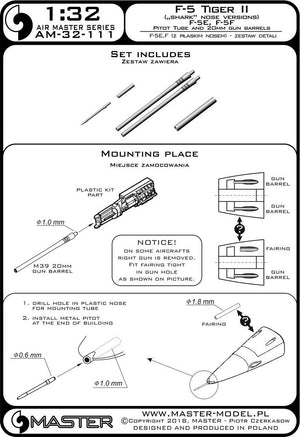 Master AM-32-111 F-5 Tiger II &amp;quot;Freedom Fighter&amp;quot; (flat nose version) - F-5A, E, F - detail set - Pitot tube and 20mm gun barrels 1/32 – imagen 3