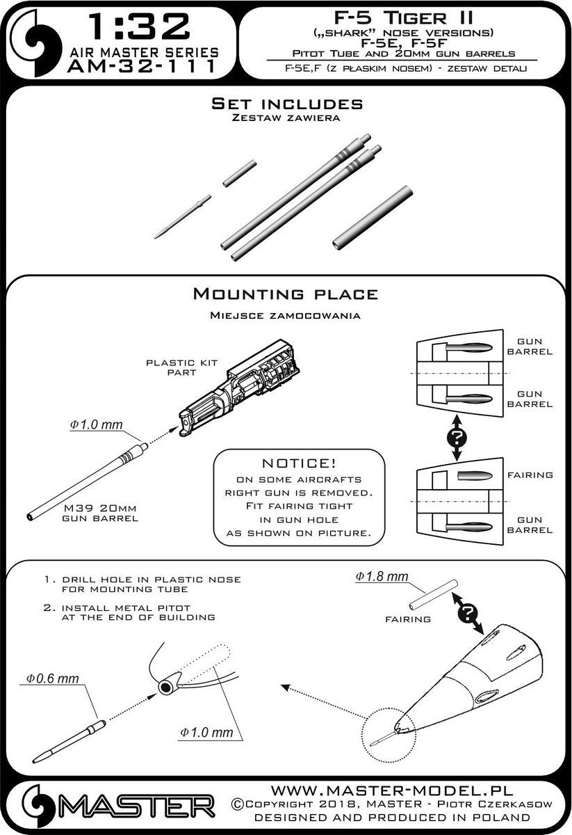 Master AM-32-111 F-5 Tiger II &amp;quot;Freedom Fighter&amp;quot; (flat nose version) - F-5A, E, F - detail set - Pitot tube and 20mm gun barrels 1/32 – imagen 3