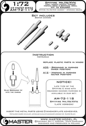 Master AM-72-117 Spitfire Mk.IXe/XVIe early version (conical mantlet) - Hispano 20mm cannon barrels and Browning .50cal MG barrels in mantlets (fits Eduard model) (1/72) – Bild 3