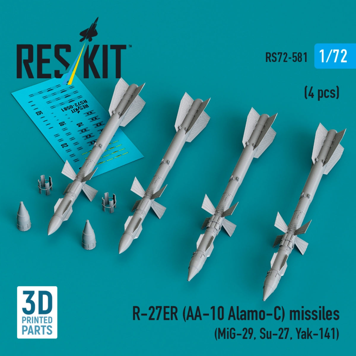 RESKIT RS72-0581 R-27ER (AA-10 Alamo-C) missiles (4 pcs) (MiG-29, Su-27, Yak-141) (3D Printed) 1/72
